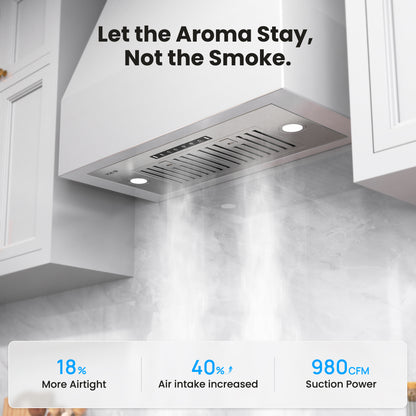 VIKIO HOME 36 inch Built-in/Insert Range Hood 980 CFM, Ducted/Ductless Convertible Duct Stainless Steel Kitchen Vent Hood with 4 Speed Gesture Sensing& Touch Control Panel