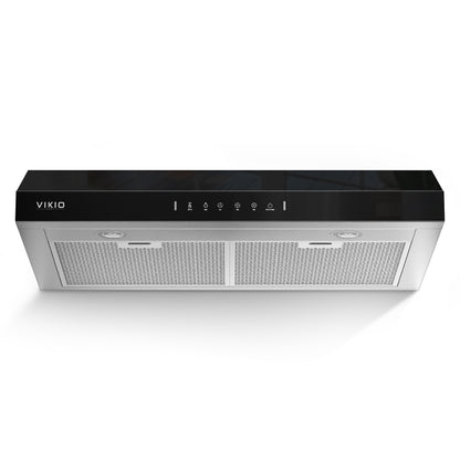 VIKIO HOME Under Cabinet Range Hood 30 Inch, 900 CFM Dual Centrifugal Motor, 3-Speed Ducted Kitchen Vent, Reusable Filters, Stainless Steel Kitchen Hood with LED Lights, Low Noise, Glass Black