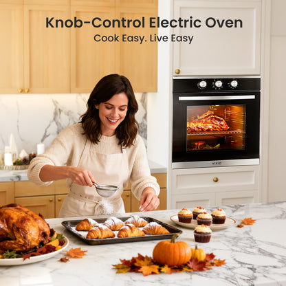 VIKIO HOME Single Wall Oven 24", 2.83 Cu.Ft-80L with 8 Functions Built-in 24 Electric Wall Oven, 240V, 3220W Fast Preheat, Mechanical Knob Control for Easy Cooking