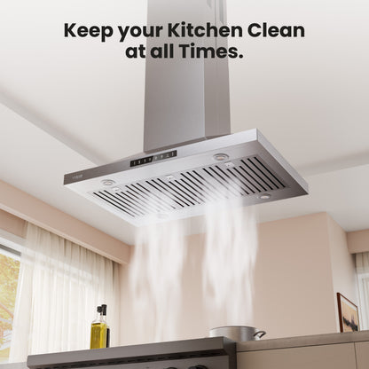 Island Range Hood 42 Inch, 390 CFM kitchen Hood with Dual-Sided Touch/Gesture Control, Ceiling Mount, Convertible Ducted/Ductless, 3-Speed Fan, 3 Stainless Steel Baffle Filters