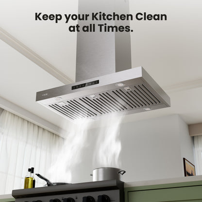 Island Range Hood 36 Inch, 980 CFM Island Mount Range Hood with Dual-Sided Touch/Gesture Control, Ceiling Mount kitchen Hood, Convertible Ducted/Ductless, 3-Speed Fan&4 LED Lights, 3 Baffle Filters