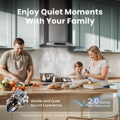 VIKIO HOME 30" Wall Mount Range Hood Tempered Glass 900 CFM, Kitchen Chimney Vent Stainless Steel, with Gesture Sensing and Touch Control Switch Panel, 3-Speed Exhaust Fan Permanent Filter