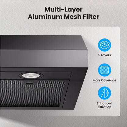 VIKIO HOME Under Cabinet Range Hood 30 Inch, 580 CFM Dual-Motor Kitchen Vent with LED Lights, Button Control, Ducted Stainless Steel Vent Hood, Reusable 5-Layer Aluminum Filters, Black
