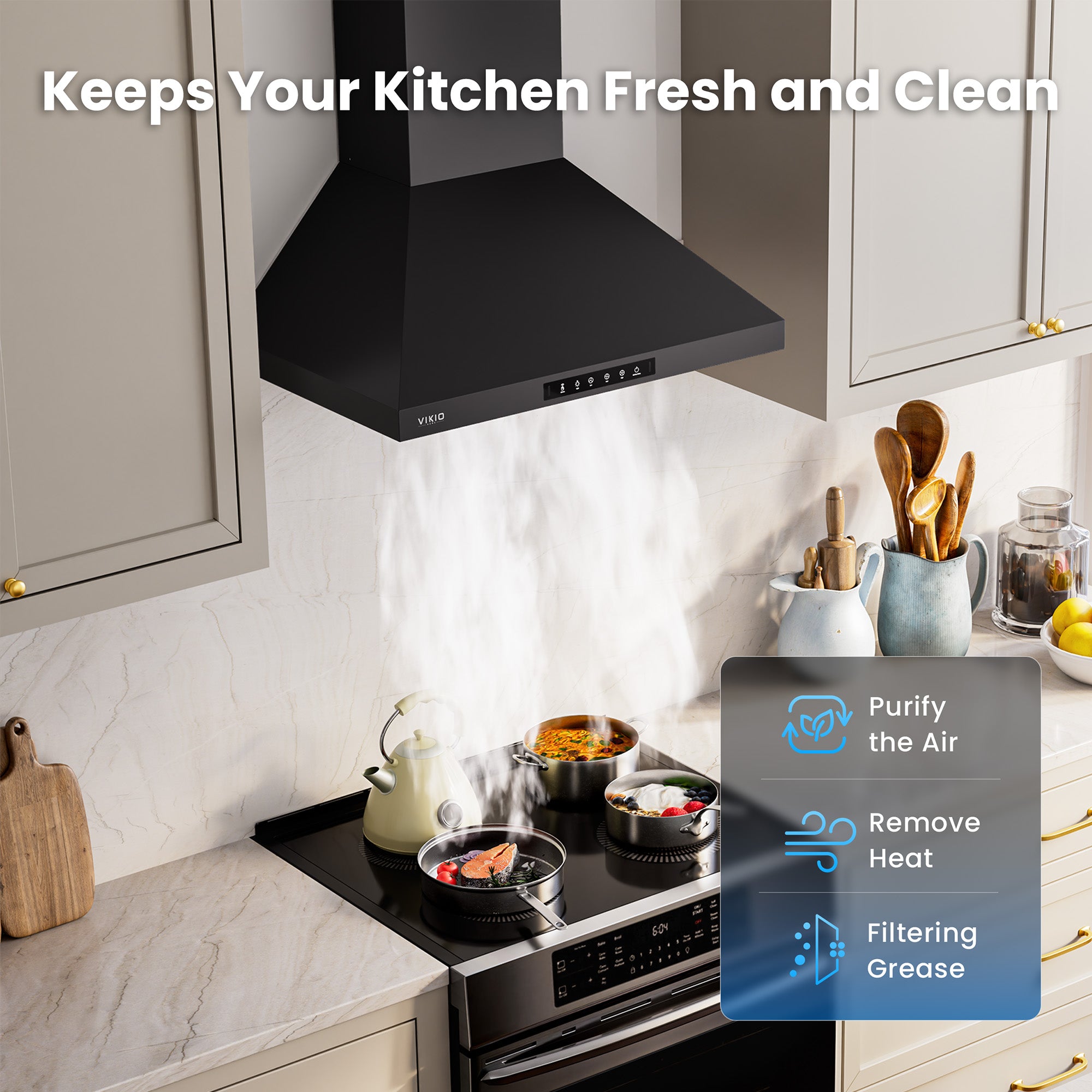 VIKIO HOME Wall Mount 30 Inch Range Hood 900 CFM, Ductless/Ducted Convertible, 3-speed Gesture Sensing & Touch Control, Black Painted Stainless Steel Kitchen Vent Hood with Permanent Baffle Filters