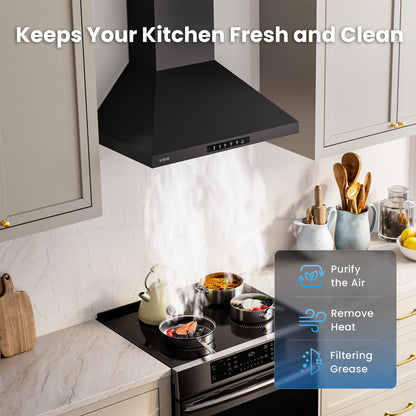 VIKIO HOME Wall Mount 36 Inch Range Hood 900 CFM, Ductless/Ducted Convertible, 3-speed Gesture Sensing & Touch Control, Black Painted Stainless Steel Vent Kitchen Hood with Permanent Baffle Filters