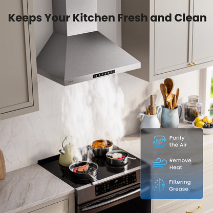 VIKIO HOME Wall Mount 36 Inch Range Hood 900 CFM, Ductless/Ducted Convertible Kitchen Hood, 3-speed Gesture Sensing & Touch Control, Stainless Steel Kitchen Vent Hood with Permanent Baffle Filters
