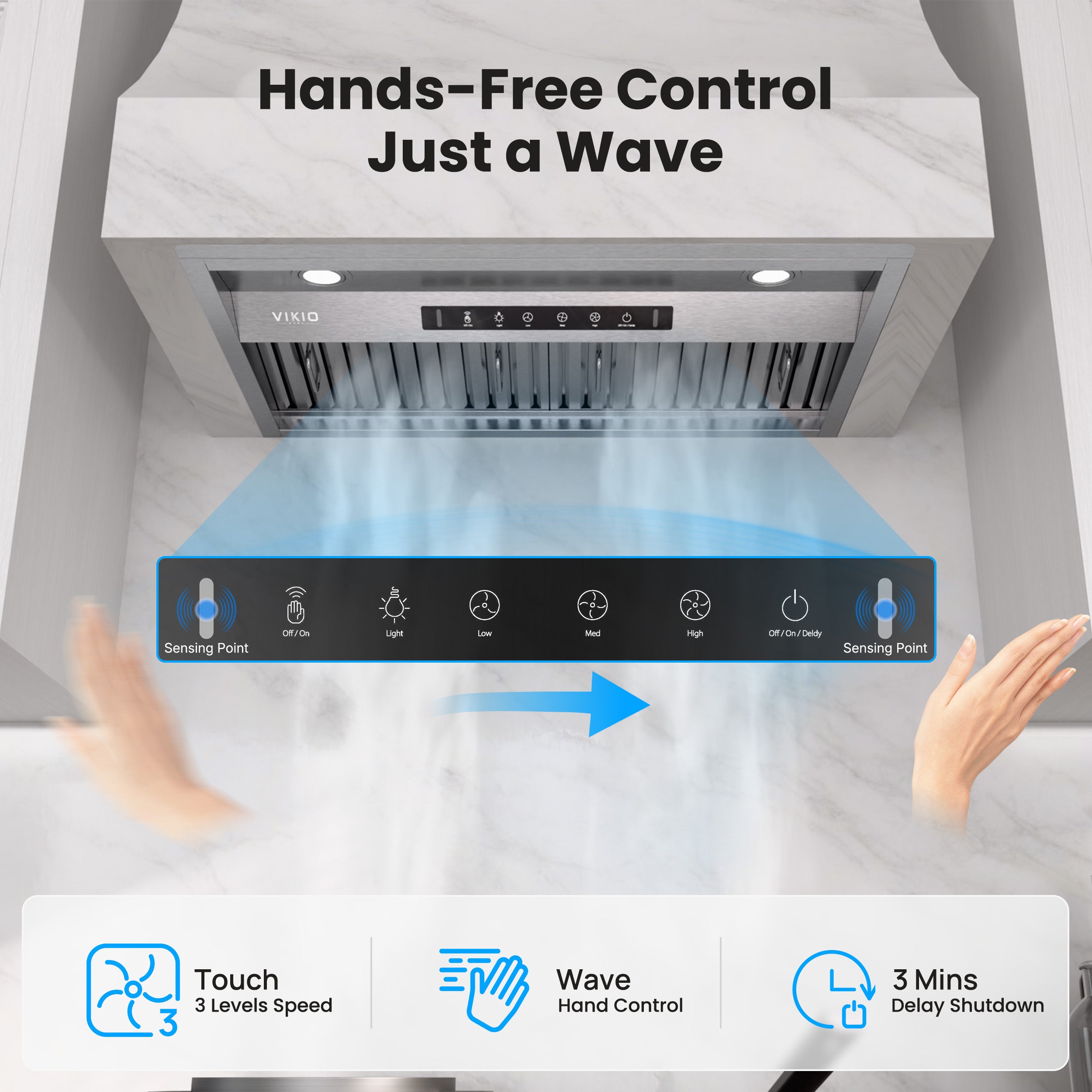 VIKIO HOME Range Hood Insert 42 Inch,Built-in Kitchen Hood with 980 CFM, Ducted/Ductless Convertible Duct,Stainless Steel Kitchen Vent Hood/Gesture/Touch Control, 3 Pcs Baffle Filters with Handlebar