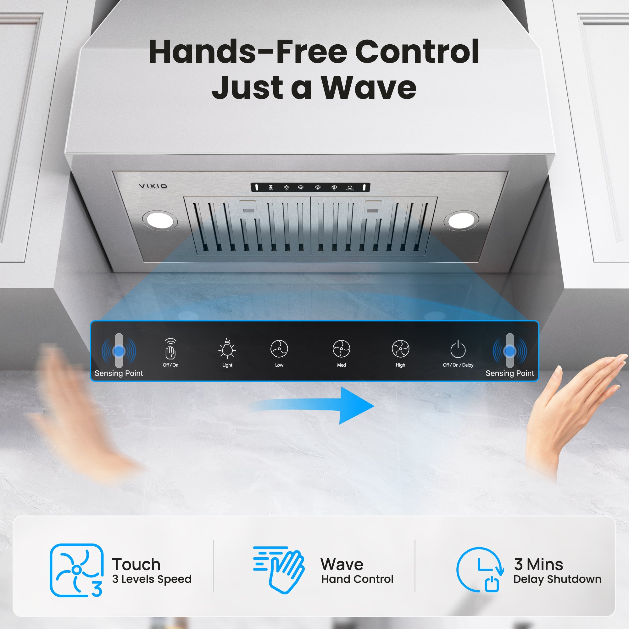 VIKIO HOME 36 inch Built-in/Insert Range Hood 980 CFM, Ducted/Ductless Convertible Duct Stainless Steel Kitchen Vent Hood with 4 Speed Gesture Sensing& Touch Control Panel