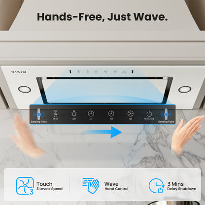 VIKIO HOME Range Hood Insert 36 inch, 900 CFM Ducted/Ductless Convertible, Stainless Steel & Tempered Glass White 36 inch Built-in Range Hood, With 3-Speed Fan and Gesture Sensing &Touch Control