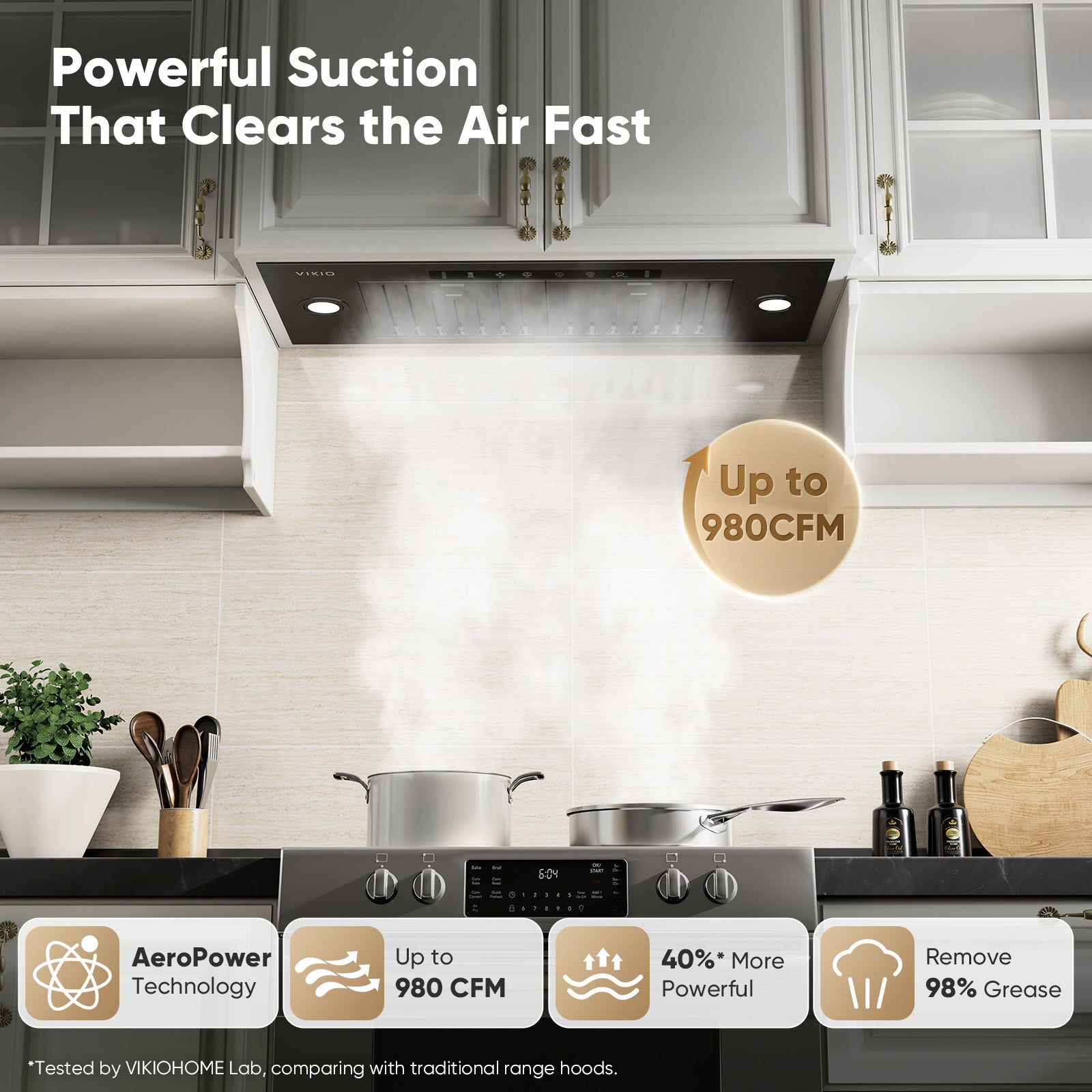 VIKIO HOME Range Hood Insert 30 Inch, Ducted/Ductless Convertible, 980 CFM Built-in Kitchen Vent Hood,Stainless Steel Range Hood with Gesture & Touch Control, Black Hoods for Over Kitchen Stove