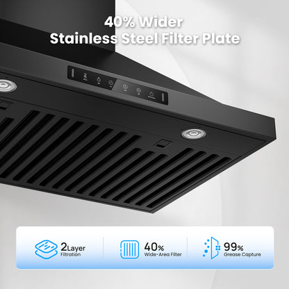 VIKIO HOME Black 36 inch Pro Wall Mount Range Hood 980CFM, Direct 3 Speed Panel with Gesture & Touch Control, Ducted/Ductless Stainless Steel Kitchen Vent Hood, Delay Shut-Off, Includes Duct & Filter