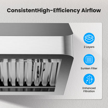 VIKIO HOME Range Hood 42 Inch Under Cabinet, Kitchen Hood with 980 CFM, 3-Speed Gesture Sensing & Touch Control Panel, Stainless Steel Vent 3 Pcs Baffle Filters with Handlebar