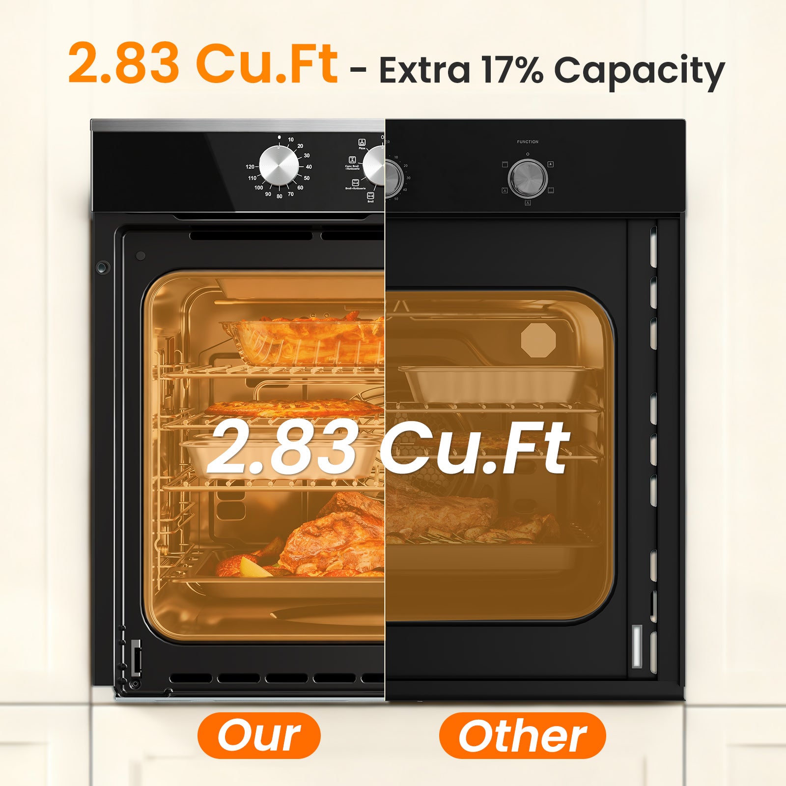 VIKIO HOME Single Wall Oven 24", 2.83 Cu.Ft-80L with 8 Functions Built-in 24 Electric Wall Oven, 240V, 3220W Fast Preheat, Mechanical Knob Control for Easy Cooking