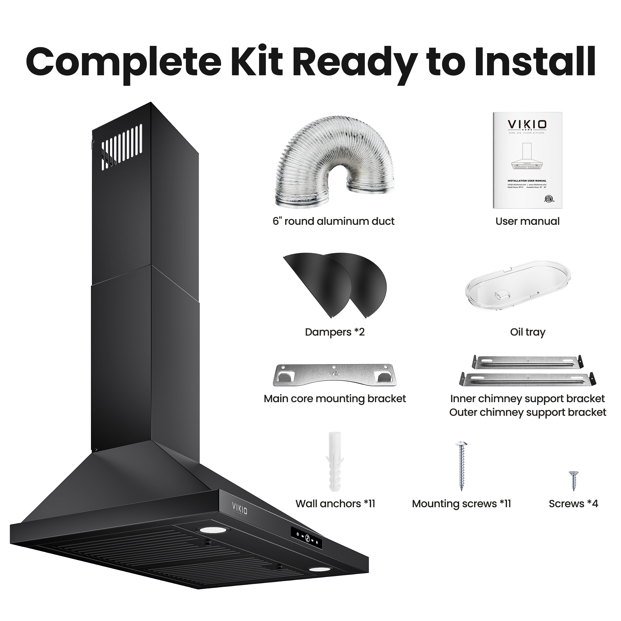 VIKIO HOME Wall Mount Range Hood 36 inch, 580 CFM Kitchen Vent Hood, Ducted/Ductless Convertible with Touch Control, Stainless Steel Stove Vent Hood, Easy Clean Filter, Black
