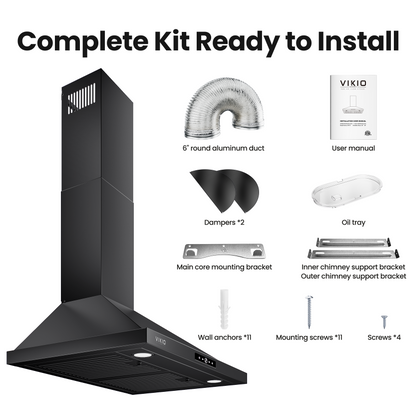 VIKIO HOME Wall Mount Range Hood 36 inch, 580 CFM Kitchen Vent Hood, Ducted/Ductless Convertible with Touch Control, Stainless Steel Stove Vent Hood, Easy Clean Filter, Black