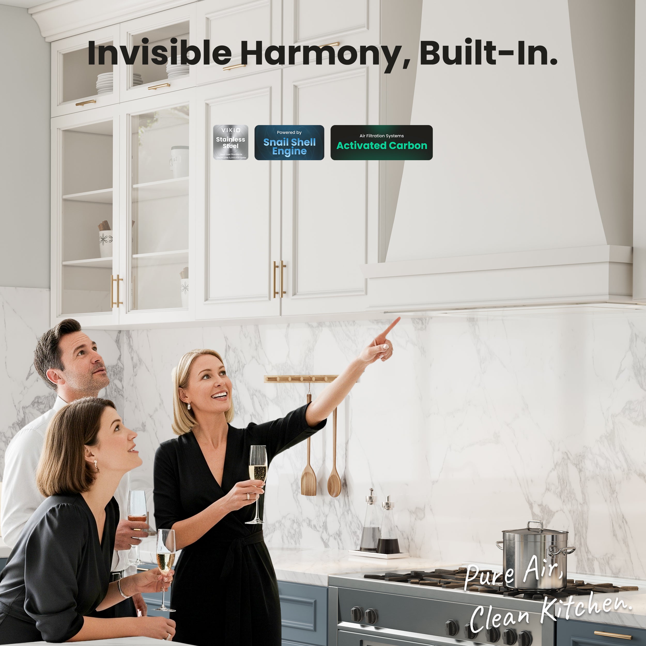 VIKIO HOME Range Hood Insert 36 inch, 900 CFM Ducted/Ductless Convertible, Stainless Steel & Tempered Glass White 36 inch Built-in Range Hood, With 3-Speed Fan and Gesture Sensing &Touch Control
