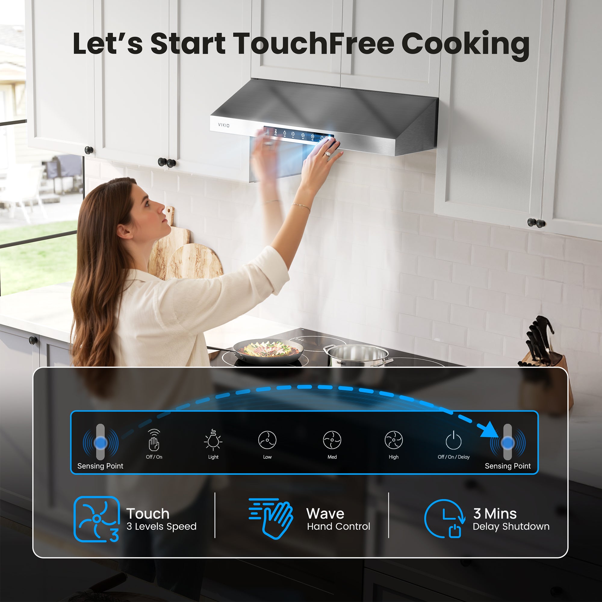 VIKIO HOME Range Hood 36 Inch Under Cabinet, 900 CFM Dual Centrifugal Motor, 3-Speed Ducted Kitchen Vent, Reusable Filters, Stainless Steel Kitchen Exhaust Fan with LED Lights