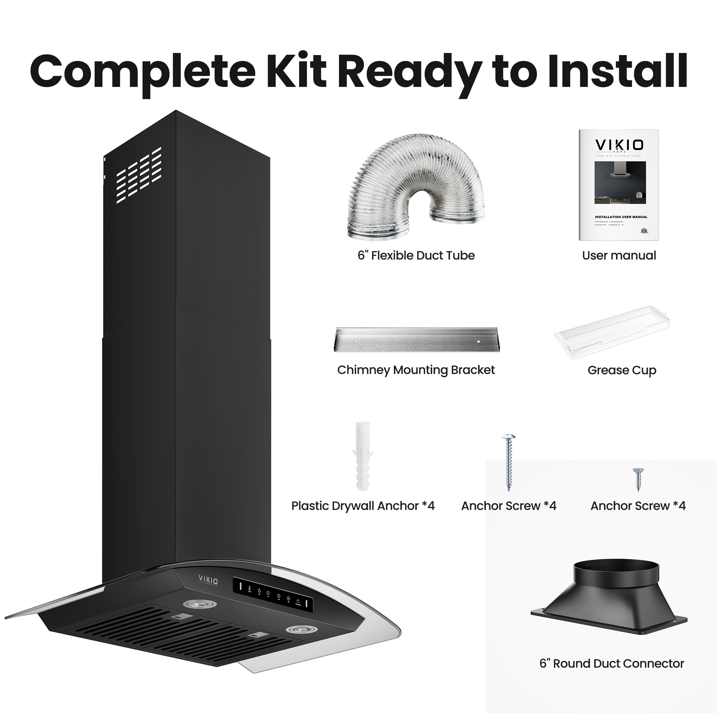 VIKIO HOME Black 30 inch Wall Mounted Range Hood Glass 900 CFM, Stainless Steel Kitchen Hood Vent with Gesture/Touch Controls, 3-Speed Exhaust Fan and Stainless Steel Baffle Filter, 2 LED Lights