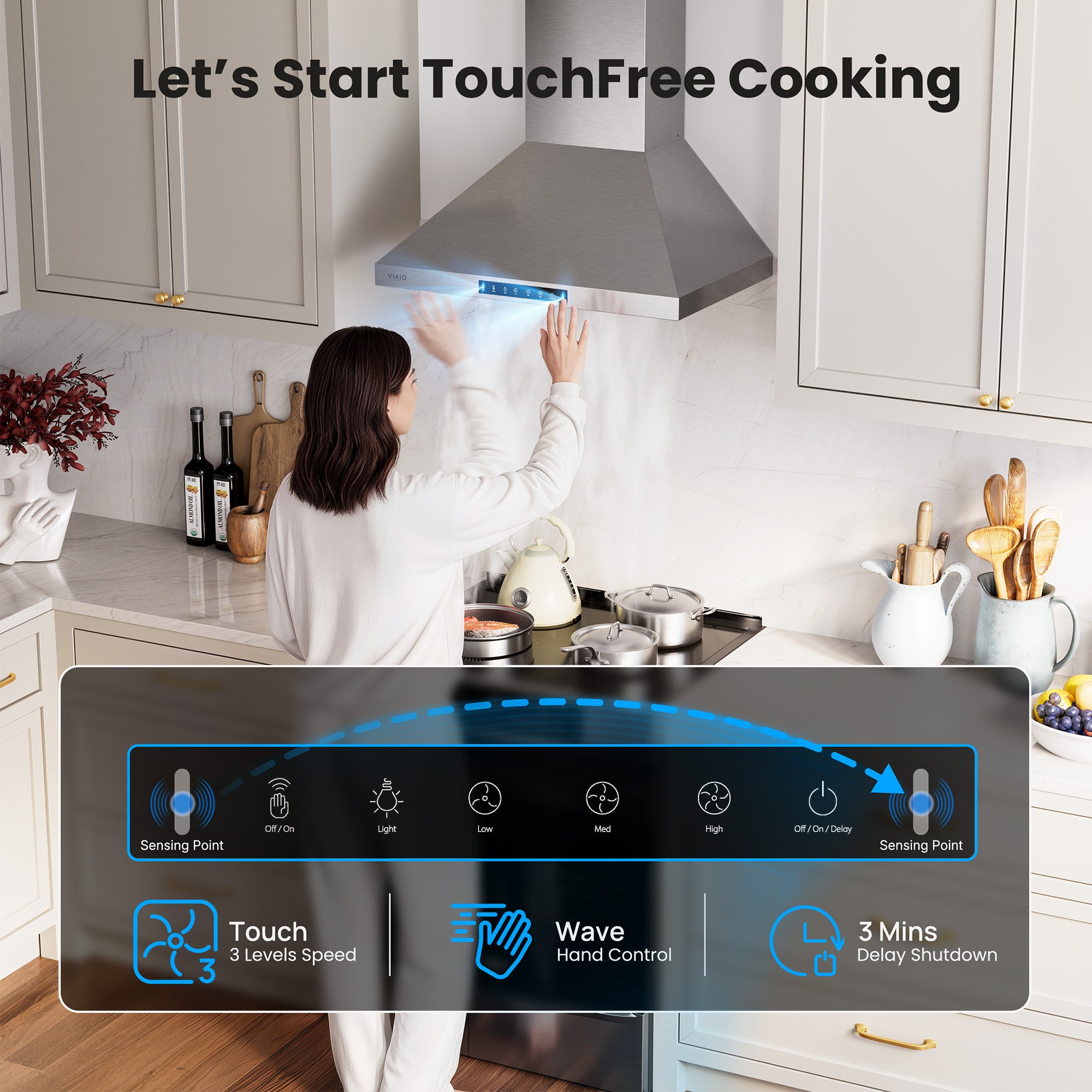 VIKIO HOME Wall Mount 30 Inch Range Hood 900 CFM, Ductless/Ducted Convertible Kitchen Hood, 3-speed Gesture Sensing & Touch Control, Stainless Steel Kitchen Vent Hood with Permanent Baffle Filters