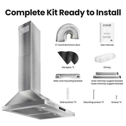 VIKIO HOME Wall Mount Range Hood 30 inch, 580 CFM, Ducted/Ductless Convertible, Stainless Steel Kitchen Vent Hood with 3-Speed Fan and LED Lights