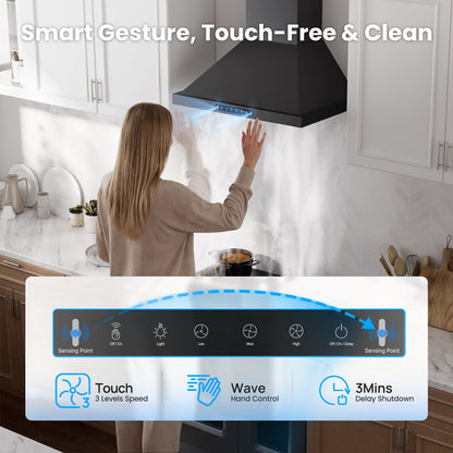 VIKIO HOME Black 30 Inch Pro Wall Mount Range Hood 980CFM, Direct 3 Speed Panel with Gesture & Touch Control, Ducted/Ductless Stainless Steel Kitchen Vent Hood, Delay Shut-Off, Includes Duct & Filter