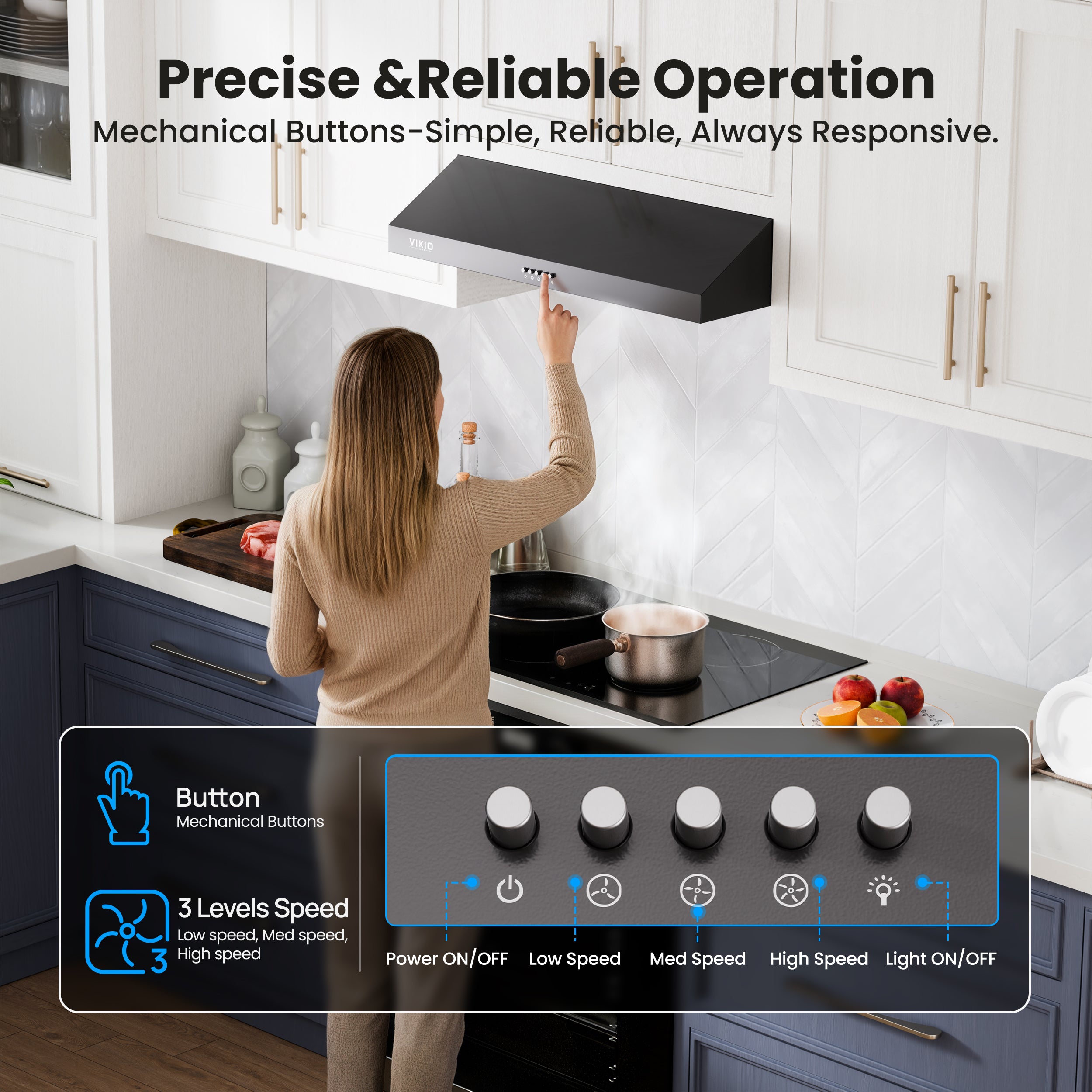 VIKIO HOME Under Cabinet Range Hood 30 Inch, 580 CFM Dual-Motor Kitchen Vent with LED Lights, Button Control, Ducted Stainless Steel Vent Hood, Reusable 5-Layer Aluminum Filters, Black