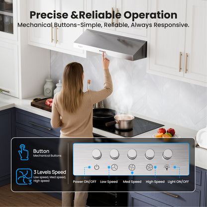 VIKIO HOME Under Cabinet Range Hood 42 Inch, 580 CFM Dual-Motor Kitchen Vent with LED Lights, Button Control, Ducted Vent Hood, Reusable 5-Layer Aluminum Filters, Stainless Steel