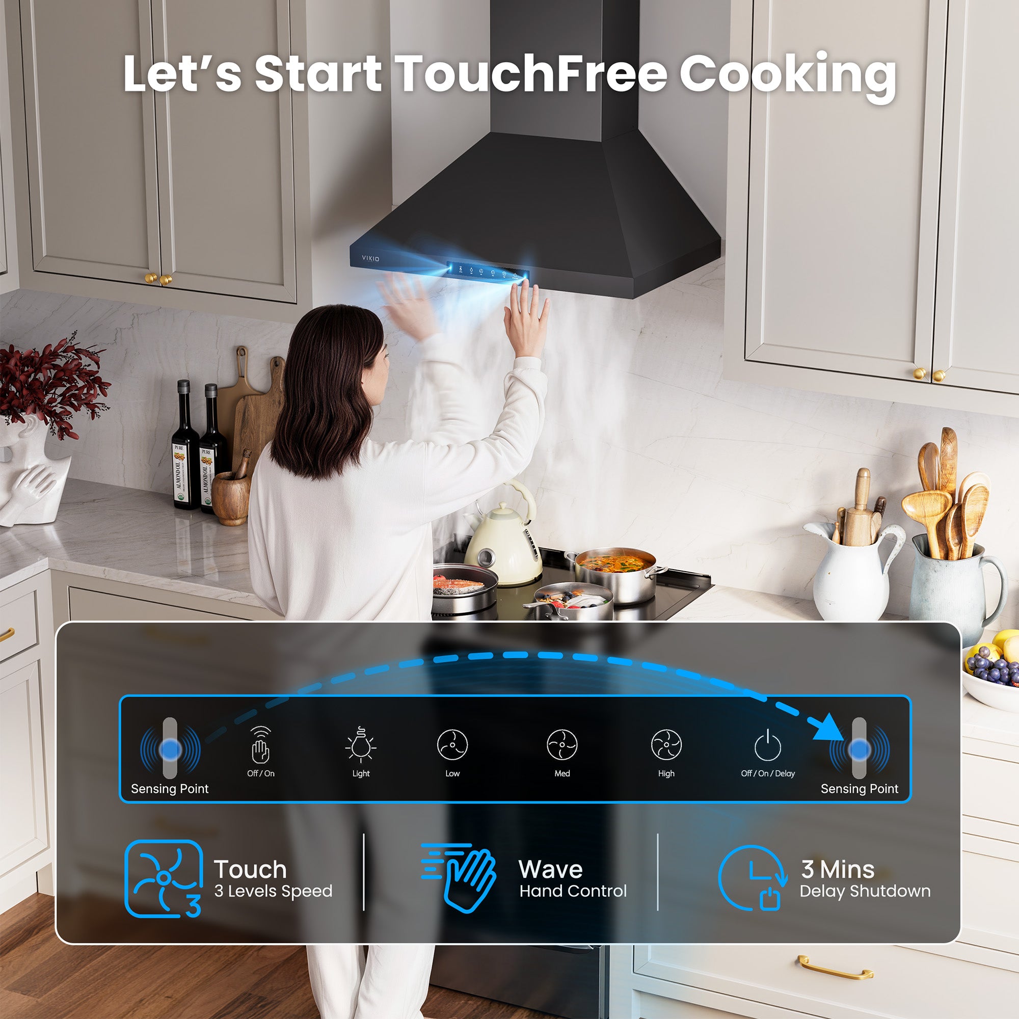 VIKIO HOME Wall Mount 30 Inch Range Hood 900 CFM, Ductless/Ducted Convertible, 3-speed Gesture Sensing & Touch Control, Black Painted Stainless Steel Kitchen Vent Hood with Permanent Baffle Filters