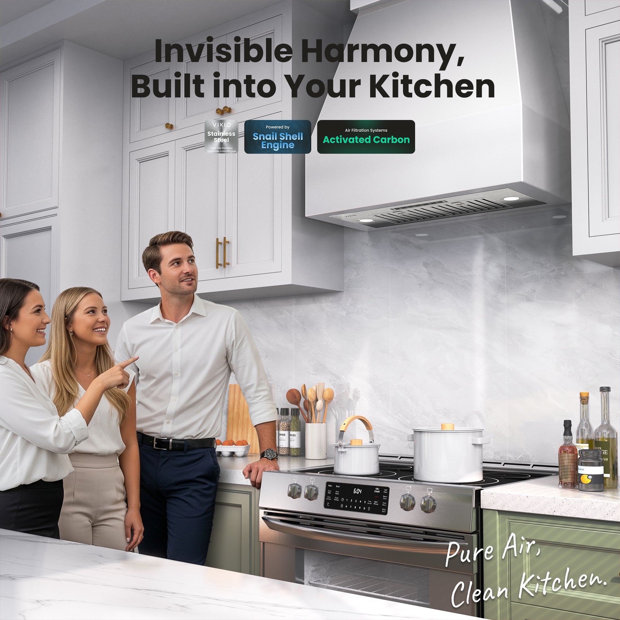 VIKIO HOME 36 inch Built-in/Insert Range Hood 980 CFM, Ducted/Ductless Convertible Duct Stainless Steel Kitchen Vent Hood with 4 Speed Gesture Sensing& Touch Control Panel
