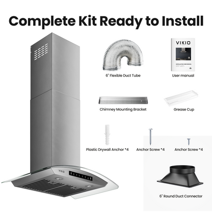VIKIO HOME 30" Wall Mount Range Hood Tempered Glass 900 CFM, Kitchen Chimney Vent Stainless Steel, with Gesture Sensing and Touch Control Switch Panel, 3-Speed Exhaust Fan Permanent Filter