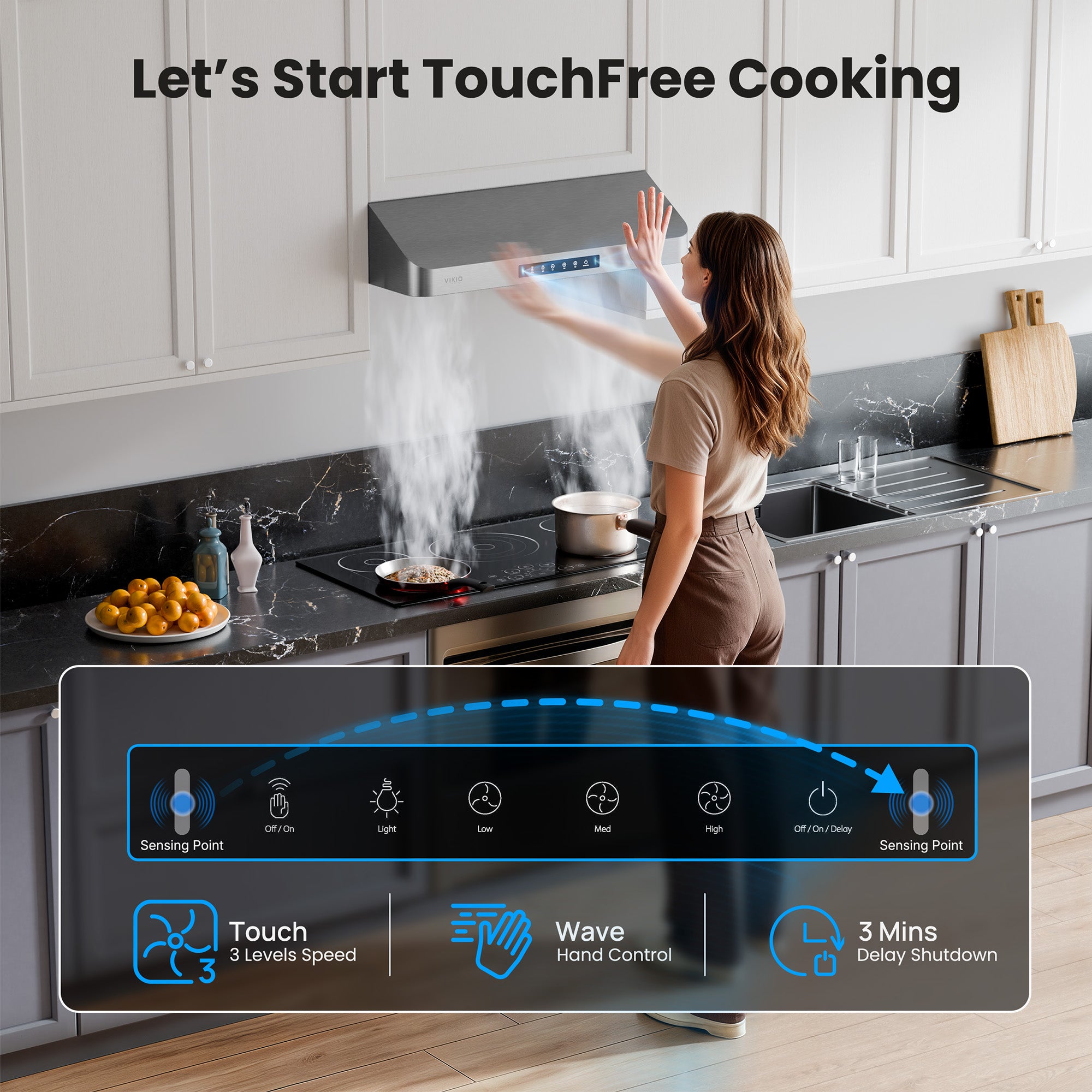 VIKIO HOME Range Hood 36 Inch Under Cabinet, Kitchen Hood with 980 CFM, 3-Speed Gesture Sensing & Touch Control Panel, Stainless Steel Vent 3 Pcs Baffle Filters with Handlebar