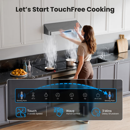 VIKIO HOME Range Hood 36 Inch Under Cabinet, Kitchen Hood with 980 CFM, 3-Speed Gesture Sensing & Touch Control Panel, Stainless Steel Vent 3 Pcs Baffle Filters with Handlebar