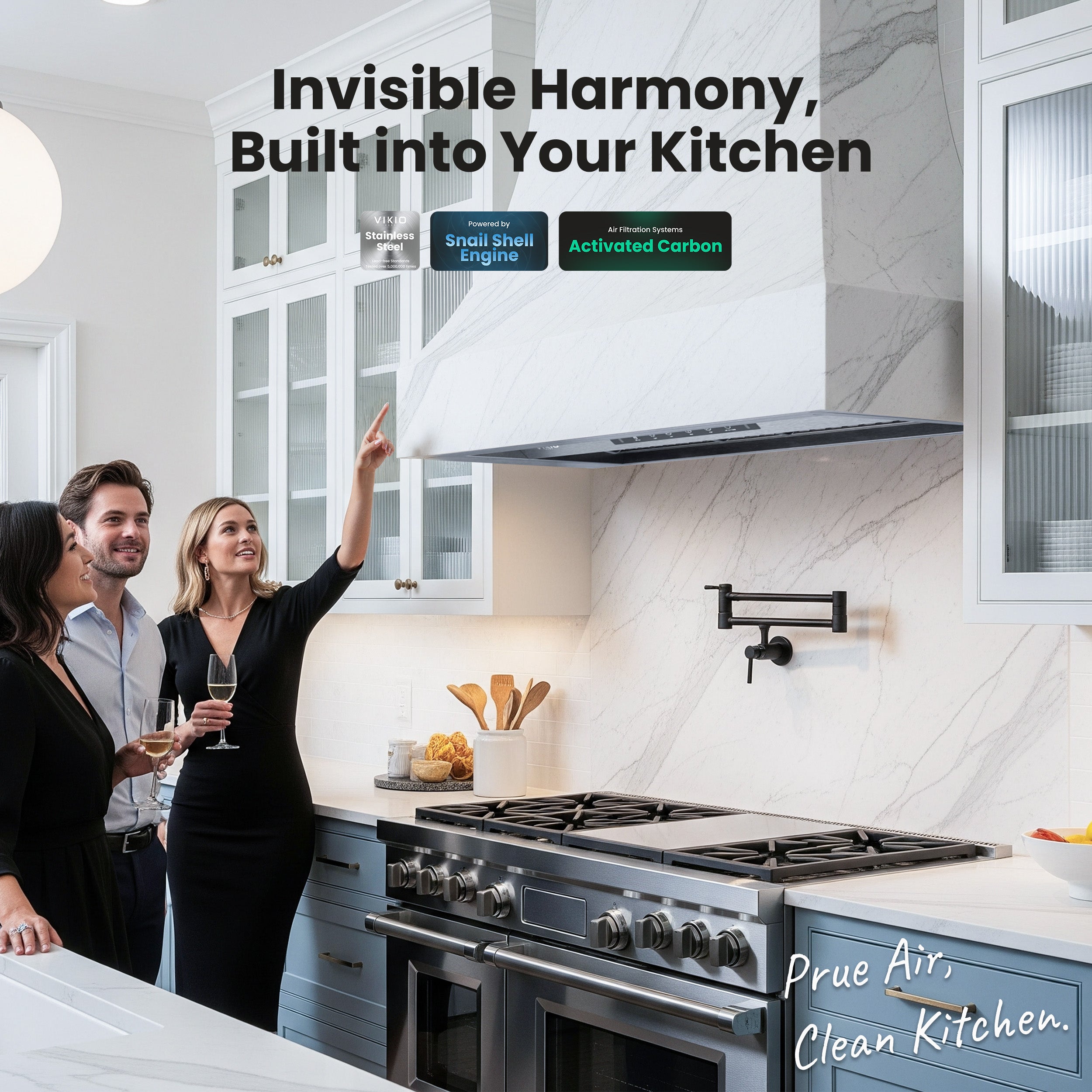 VIKIO HOMERange Hood Insert/Built-in 36 Inch, Kitchen Hood with 980 CFM, 3-Speed, Ducted/Ductless Convertible, Stainless Steel Vent Hood/Gesture/Touch Control, 3 Pcs Baffle Filters with Handlebar