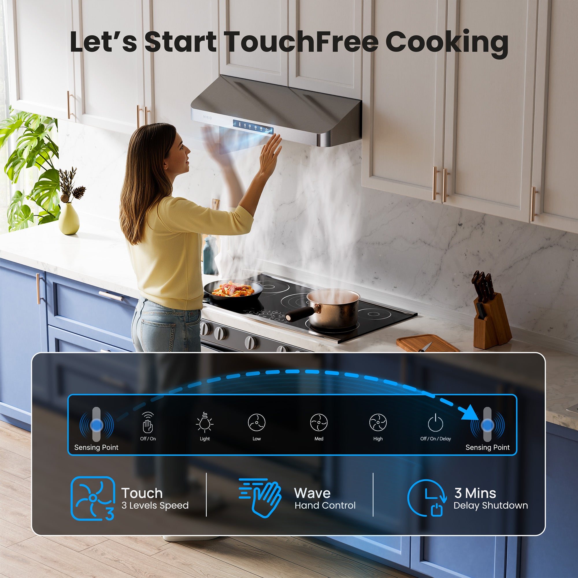 VIKIO HOME Range Hood 42 Inch Under Cabinet, 980CFM Fast Venting Ducted, Kitchen Hood With 3 Speed Gesture Sensing & Touch Control, Stainless Steel Stove Hood With LED Light And 2 Baffle Filters