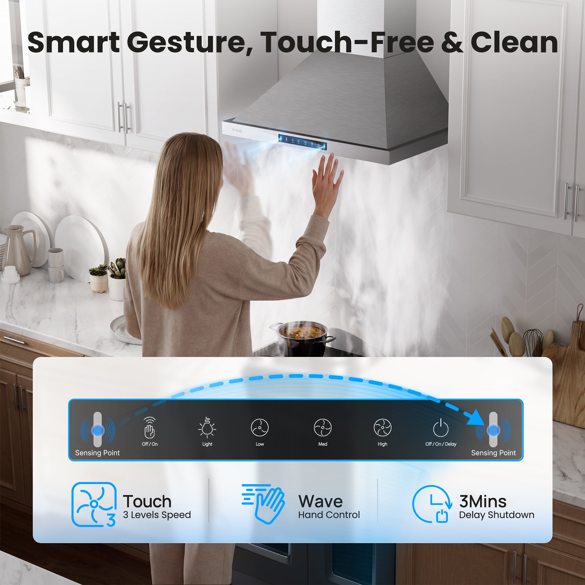 VIKIO HOME 30 Inch Pro Wall Mount Range Hood 980CFM, Direct 3 Speed Panel with Gesture & Touch Control, Ducted/Ductless Stainless Steel Kitchen Vent Hood, Delay Shut-Off, Includes Duct & Filter
