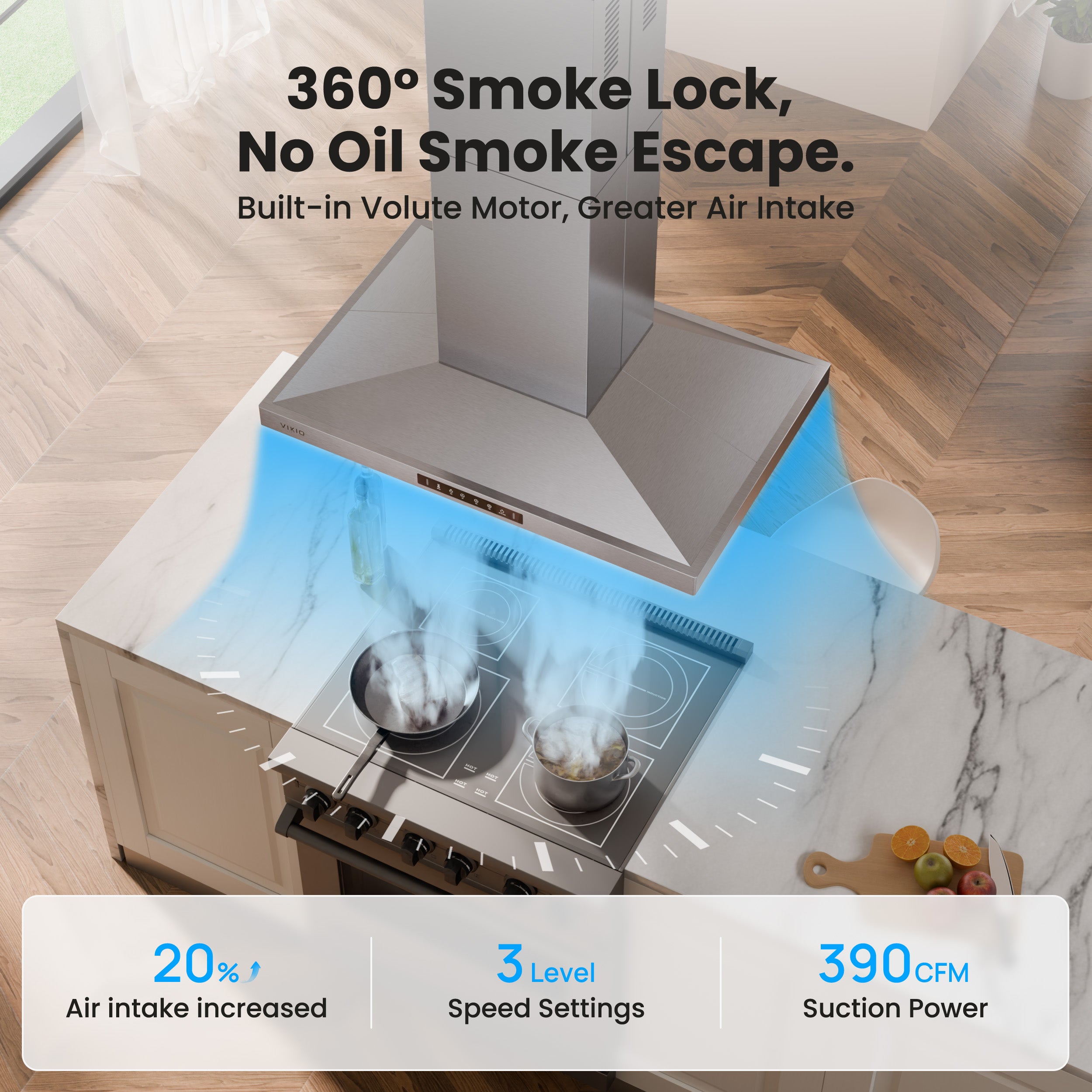 Island Range Hood 42 Inch, 390 CFM kitchen Hood with Dual-Sided Touch/Gesture Control, Ceiling Mount, Convertible Ducted/Ductless, 3-Speed Fan, 3 Stainless Steel Baffle Filters