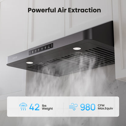 Range Hood 30 inch Under Cabinet, VIKIO HOME Hood Vents for Kitchen, Vent Hoods 30 inches with 980 CFM, 3 Speed Gesture Sensing, Teflon Coating, Non-stick and Easy to Clean, Black