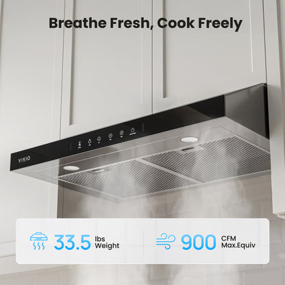 VIKIO HOME Under Cabinet Range Hood 36 Inch, 900 CFM Dual Centrifugal Motor, 3-Speed Ducted Kitchen Vent, Reusable Filters, Stainless Steel Kitchen Hood with LED Lights, Low Noise, Glass Black
