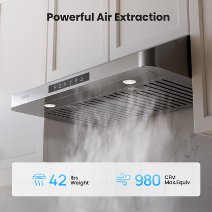 VIKIO HOME Range Hood 42 Inch Under Cabinet, 980CFM Fast Venting Ducted, Kitchen Hood With 3 Speed Gesture Sensing & Touch Control, Stainless Steel Stove Hood With LED Light And 2 Baffle Filters