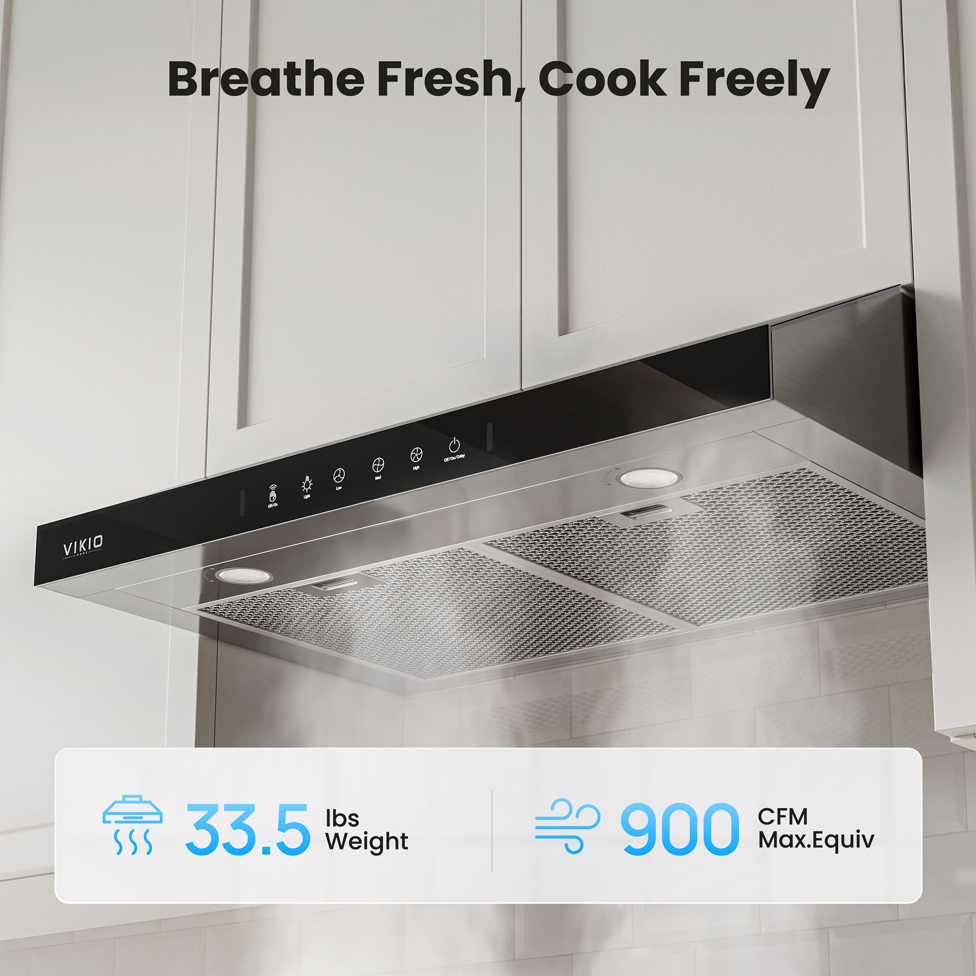 VIKIO HOME Under Cabinet Range Hood 30 Inch, 900 CFM Dual Centrifugal Motor, 3-Speed Ducted Kitchen Vent, Reusable Filters, Stainless Steel Kitchen Hood with LED Lights, Low Noise, Glass Black