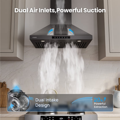 VIKIO HOME Wall Mount 30 Inch Range Hood 900 CFM, Ductless/Ducted Convertible, 3-speed Gesture Sensing & Touch Control, Black Painted Stainless Steel Kitchen Vent Hood with Permanent Baffle Filters