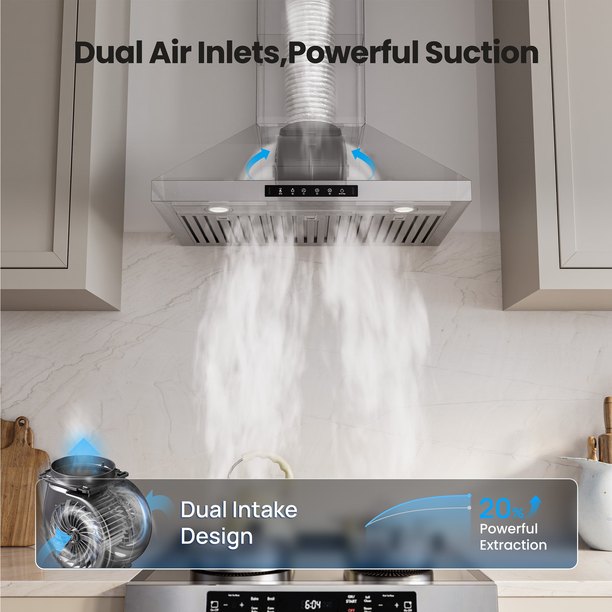 VIKIO HOME Wall Mount 30 Inch Range Hood 900 CFM, Ductless/Ducted Convertible Kitchen Hood, 3-speed Gesture Sensing & Touch Control, Stainless Steel Kitchen Vent Hood with Permanent Baffle Filters