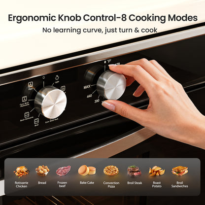 VIKIO HOME Single Wall Oven 24", 2.83 Cu.Ft-80L with 8 Functions Built-in 24 Electric Wall Oven, 240V, 3220W Fast Preheat, Mechanical Knob Control for Easy Cooking