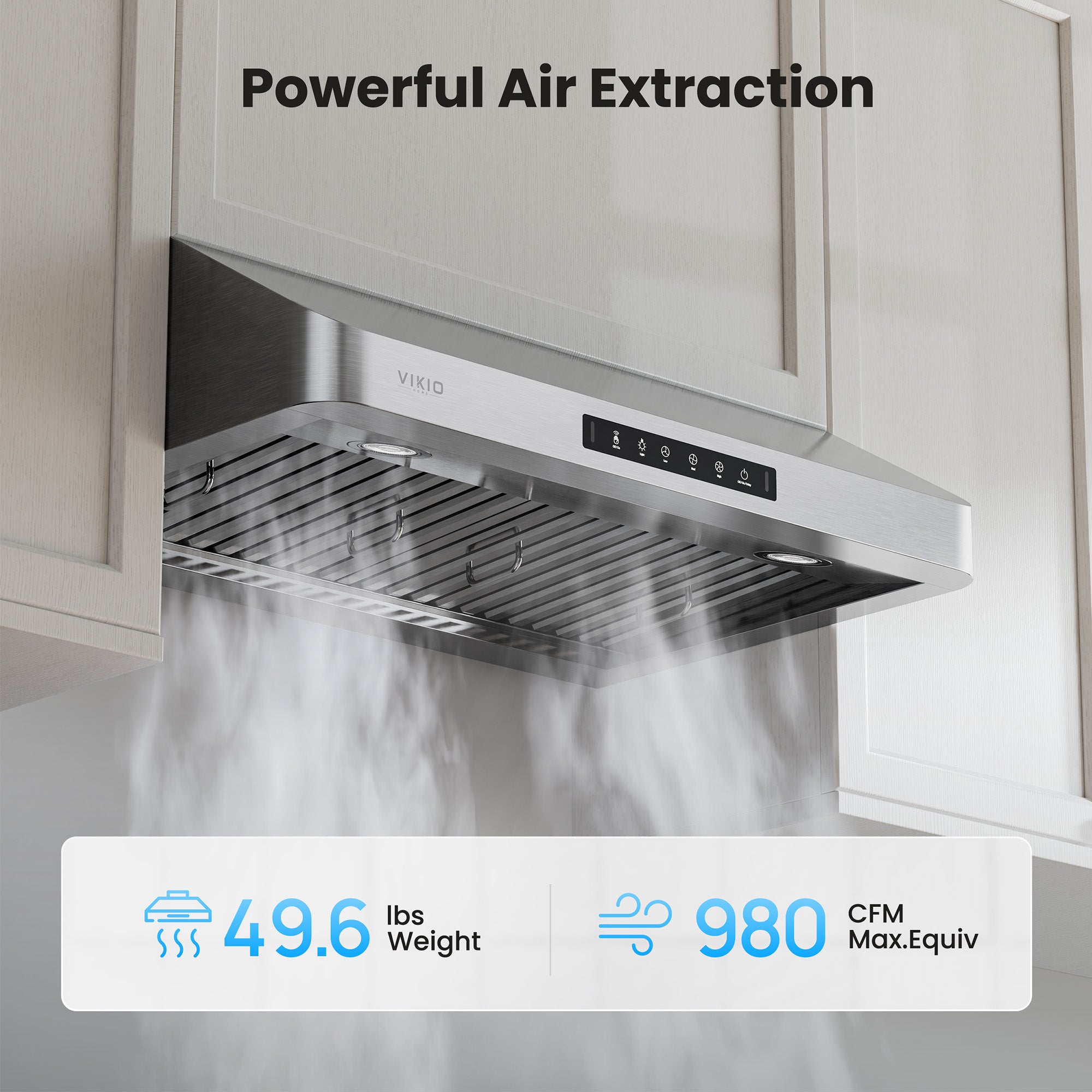 VIKIO HOME Range Hood 30 Inch Under Cabinet, Kitchen Hood with 980 CFM, 3-Speed Gesture Sensing & Touch Control Panel, Stainless Steel Vent 2 Pcs Baffle Filters with Handlebar