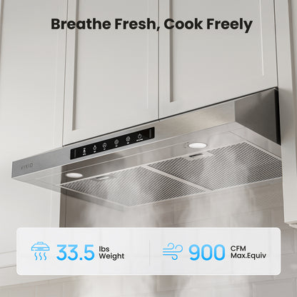 VIKIO HOME Range Hood 36 Inch Under Cabinet, 900 CFM Dual Centrifugal Motor, 3-Speed Ducted Kitchen Vent, Reusable Filters, Stainless Steel Kitchen Exhaust Fan with LED Lights
