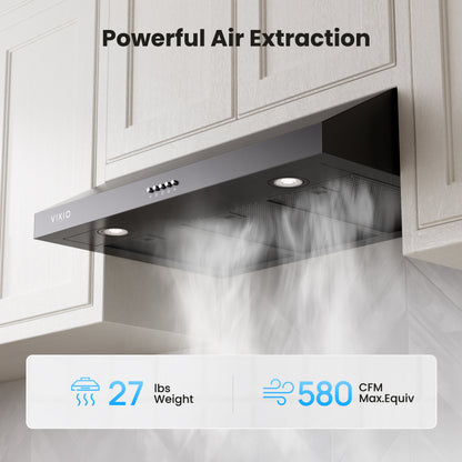 VIKIO HOME Under Cabinet Range Hood 30 Inch, 580 CFM Dual-Motor Kitchen Vent with LED Lights, Button Control, Ducted Stainless Steel Vent Hood, Reusable 5-Layer Aluminum Filters, Black