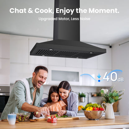 Island Range Hood 36 Inch, 390 CFM kitchen Hood with Dual-Sided Touch/Gesture Control, Ceiling Mount Kitchen Vent Hood, Convertible Ducted/Ductless, 3-Speed Fan&4 LED Lights, 3 Baffle Filters, Black
