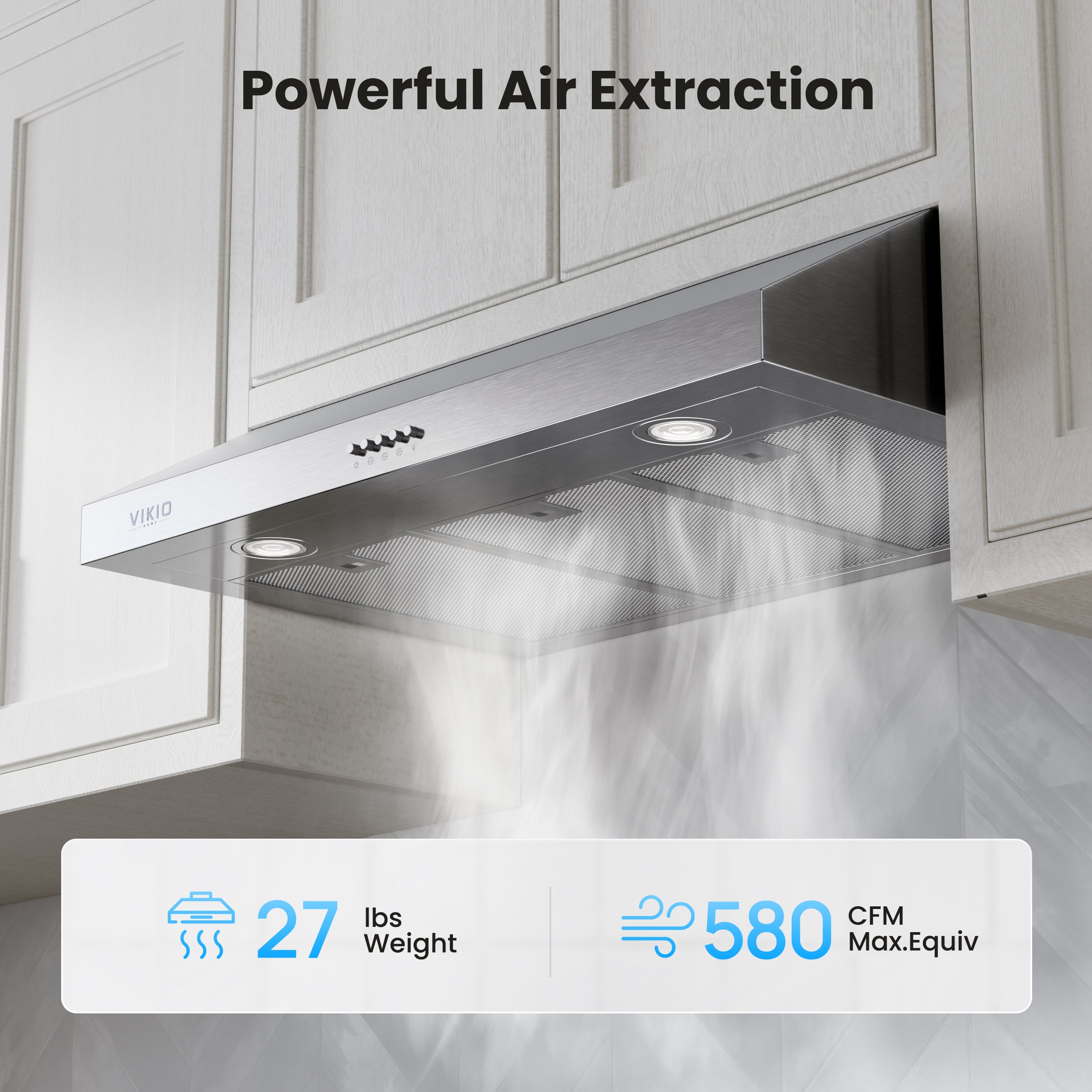 VIKIO HOME Under Cabinet Range Hood 42 Inch, 580 CFM Dual-Motor Kitchen Vent with LED Lights, Button Control, Ducted Vent Hood, Reusable 5-Layer Aluminum Filters, Stainless Steel