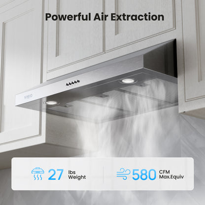 VIKIO HOME Under Cabinet Range Hood 42 Inch, 580 CFM Dual-Motor Kitchen Vent with LED Lights, Button Control, Ducted Vent Hood, Reusable 5-Layer Aluminum Filters, Stainless Steel