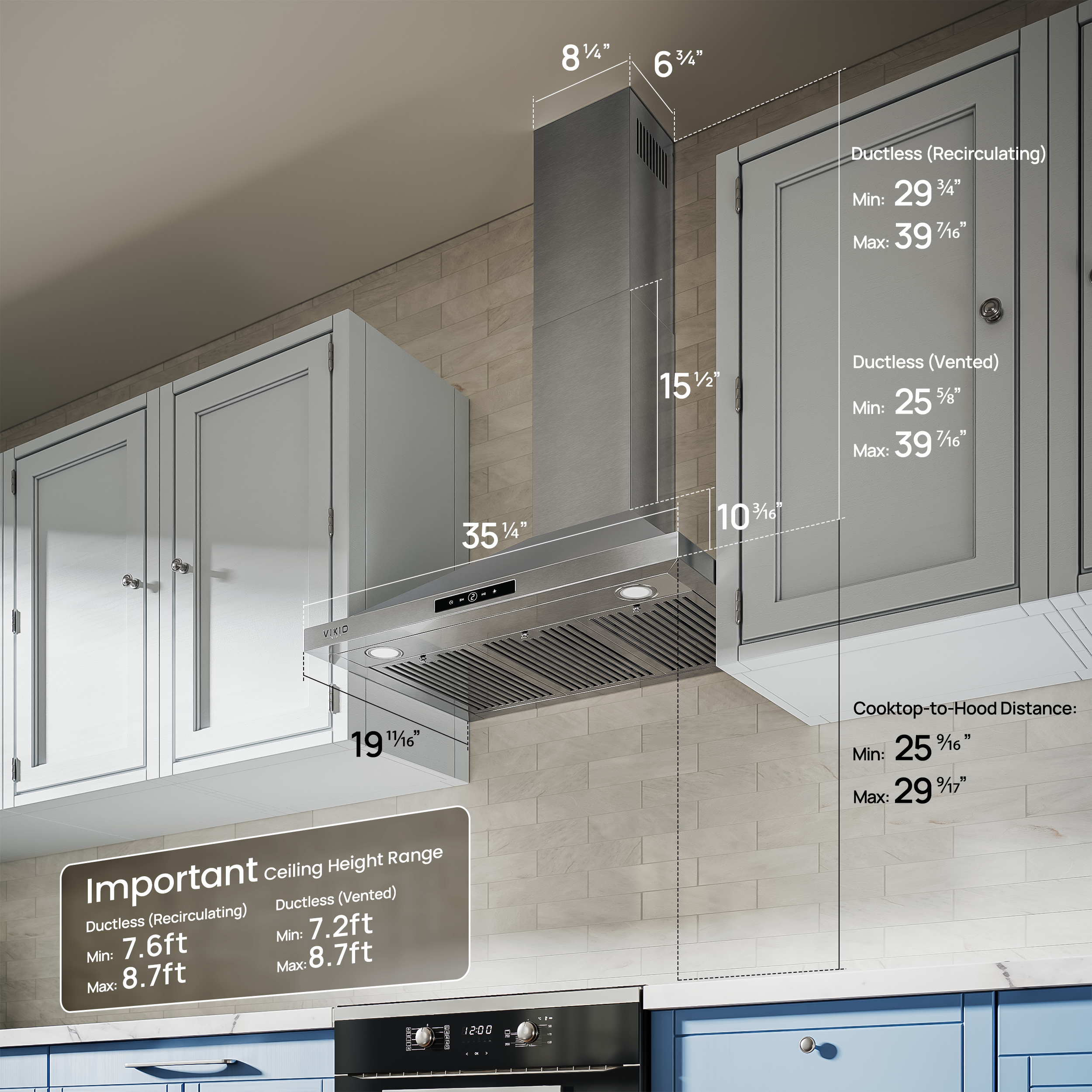 VIKIO HOME Wall Mount Range Hood 36 inch, 580 CFM, Ducted/Ductless Convertible, Stainless Steel Kitchen Vent Hood with 3-Speed Fan and LED Lights